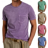 billiga grundläggande t-shirts-Herr T-shirt Tvätta skjorta i 100 % bomull Kortärmad Rund hals Sommar Vår Alla årstider Ensfärgat Elegant Vintage Neutral Ficka Crewneck Urblekt Ledigt Hem Utomhus Ljusblå Aprikos Svart Topp t-shirt