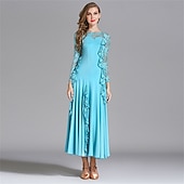 economico Sala da Ballo Standard-Abito da ballo da sala con dettagli in pizzo per donna - abito a trapezio a maniche lunghe con dettagli arricciati per competizioni, balli latini ed eventi di danza - azzurro