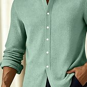 cheap Men's Smart Casual Shirts-Men's Shirt Waffle Shirt Casual Shirt Button Up Shirt Black Wine Navy Blue Green Long Sleeve Plain Lapel Casual Daily Clothing Apparel Fashion Streetwear Casual
