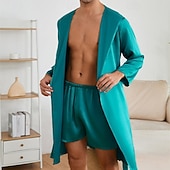 cheap Men&#039;s Robes-Men&#039;s Pajamas Silk Robe Sleepwear Pajama Set 1 set Plain Fashion Stylish Classic Home Daily Bed Polyester Comfort Soft Hoodie Long Sleeve Belt Included Summer Spring Lake Blue Champagne