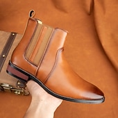 お買い得  チェルシーブーツ-メンズブラウンフェイクレザーチェルシーブーツ - スタイリッシュなスリッポンデザイン、快適で多用途、フォーマルやスマートカジュアルなシーンに最適