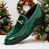 preiswerte Slipper-grüne Herren-Loafer aus Kunstleder mit goldenen Zierschlaufen – elegante Weihnachtsfeier-Schuhe für stilbewusste Männer
