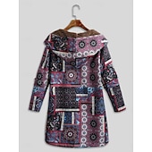 ieftine Jachete căptușite cu fleece-Pentru femei Jachetă din lână geacă Sherpa Comfortabil Respirabil Buzunar Imprimeu Epocă Casual Floral Vacanță Stradă Purtare Zilnică Ieșire Cu Un Nasture Regulat Capișon Fit regulat Manșon Lung