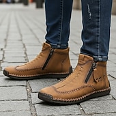 baratos Ténis para Homem-botins casuais masculinos de couro marrom com zíper e design costurado à mão - confortáveis e leves para uso diário e ao ar livre
