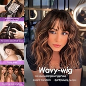 halpa Synteettiset trendikkäät peruukit-Polkkatukkainen peruukki naisille, laineikkaat, punertavan karamellinruskeat, lyhyet kiharat hiukset, peruukki otsatukalla, olkapäille ulottuva, synteettinen, realistinen, lämmönkestävä peruukki