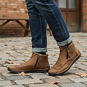 baratos Ténis para Homem-botins casuais masculinos de couro marrom com zíper e design costurado à mão - confortáveis e leves para uso diário e ao ar livre