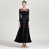 economico Sala da Ballo Standard-abito da ballo da sala con maniche trasparenti per donna - abito a trapezio con maniche lunghe e dettagli in velluto per competizioni, eventi di ballo latino e danza - nero