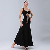 Недорогие Соревновательная одежда-Женское платье для бальных танцев, черное, со шнуровкой и сетчатым эффектом спереди, элегантное, для выступлений в стиле танго, румбы и вальса