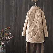 billiga Quiltade pufferjackor-Dam Dun Pufferjacka Quiltad jacka Håller värmen Bekväm Ficka Knappar Mode Ledigt Slät Gata Ledigt Dagliga kläder Utekväll Enkelknäppt Lång Hög krage Normal Långärmad Ytterkläder Svart Vit Rubinrött