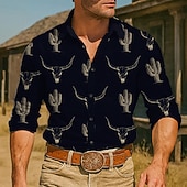 Χαμηλού Κόστους ανδρικά πουκάμισα γουέστερν-Ανδρικά Κάκτος Εκτύπωση αγελάδας Πουκάμισο Δυτικό πουκάμισο Πουκάμισο καουμπόη Μακρυμάνικο Vintage ρετρό ΕΞΩΤΕΡΙΚΟΥ ΧΩΡΟΥ Διακοπές Άνοιξη Φθινόπωρο Απορρίπτω 3D εκτύπωση Λινό σαν πουκάμισο Μαύρο Λευκό