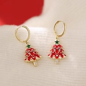 abordables Anillos de mujer-Pendientes festivos de árbol de Navidad rojo con brillantes diamantes de imitación y estrella verde.
