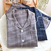 cheap Men's Pajamas-Men's Sleepwear Pajama Set Pajama Top and Pant 1 set Plaid Fashion Stylish Classic Home Daily Bed Cotton Comfort Soft Breathable Lapel Long Sleeve Shirt Pant Elastic Waist Buttons Spring Fall Navy