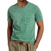 billiga grundläggande t-shirts-Herr T-shirt Tvätta skjorta i 100 % bomull Kortärmad Rund hals Sommar Vår Alla årstider Ensfärgat Elegant Vintage Neutral Ficka Crewneck Urblekt Ledigt Hem Utomhus Ljusblå Aprikos Svart Topp t-shirt
