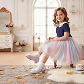 זול נעלי נסיכה לילדים-נעלי מרי ג'יין נוצצות לבנות עם פפיון ופנינים - צבעי הקשת בענן, עקב נוח