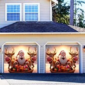 abordables Cubiertas navideñas para puertas de garaje-Cubierta de puerta de garaje navideña, Papá Noel con renos esquiando, árbol de Navidad y nieve, gran fondo colgante para exteriores, pancarta de pared navideña, decoración festiva de temporada para el