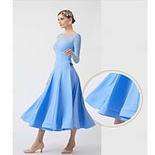 cheap Competition Wear-Women's Ballroom Dance Dress Long Sleeve Mesh Lace Waltz Tango Competition Performance Practice Gown Elegant Flowing Skirt – Light Blue