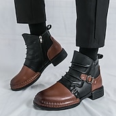 baratos Botas de trabalho-Botas masculinas de couro sintético bicolor, pretas e marrons, com tira de fivela lateral e design de gáspea dobrada, botas vintage feitas à mão para amantes da moda retrô