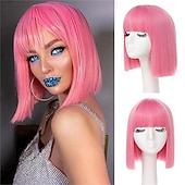 levne Syntetické trendy paruky-Modrá paruka krátká rovná modrá bob paruka s ofinou 10 palcová syntetická barva paruky pro ženy s přírodními vlasy pro kostýmy na každodenní párty cosplay