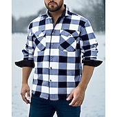 economico camicie di flanella-Per uomo Giacca-camicia Giacca camicia Giacca invernale Plaid Vacanza Abbigliamento quotidiano Bianco Rosso Blu marino Azzurro cielo Manica Lunga Bavero Autunno Inverno Abbigliamento Tasca Frontale