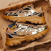 economico Sneakers Casual-Sneakers da uomo color oro metallizzato con suola spessa e finitura riflettente, scarpe da corsa alla moda con lacci per abbigliamento streetwear, da festa e casual