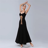 Недорогие Соревновательная одежда-Женское платье для бальных танцев, черное, со шнуровкой и сетчатым эффектом спереди, элегантное, для выступлений в стиле танго, румбы и вальса