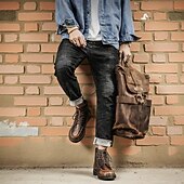 baratos Botas de combate-Botas de trabalho masculinas de couro bordô com cadarço, botas de combate vintage casuais de cano curto, duráveis para atividades ao ar livre &amp;sapatos de uso diário