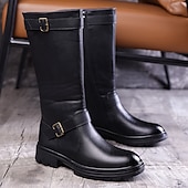 abordables Bottes d&#039;équitation-Bottes d&#039;équitation montantes en similicuir marron pour homme avec sangle à boucle, bottes hautes équestres vintage pour la mode et les costumes