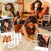 halpa Synteettiset trendikkäät peruukit-Polkkatukkainen peruukki naisille, laineikkaat, punertavan karamellinruskeat, lyhyet kiharat hiukset, peruukki otsatukalla, olkapäille ulottuva, synteettinen, realistinen, lämmönkestävä peruukki