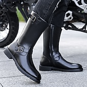 olcso Motoros csizma-Fekete műbőr férfi motoros csizma csattal – tartós és stílusos lábbeli motoros rajongóknak és karácsonyi kalandokhoz