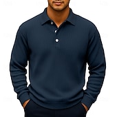 economico Polo classica da uomo-Per uomo Polo Camicia di Velluto a Coste Casuale Sportivo Bavero Manica Lunga Moda Essenziale Tinta unica Testurizzato Bottoni Caldo Autunno Primavera &amp; Autunno Vestibilità regolare Blu Blu scuro