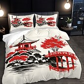 baratos Conjuntos de capa de edredão-Conjunto de capa de edredom de 3 peças com pintura a tinta estilo chinês para cama queen size, capa de edredom macia com 2 fronhas – hotel &amp;roupa de cama para quarto de hóspedes, aconchegante