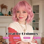 billige Syntetiske trendy parykker-Kort, bølget, rosa parykk - 12 tommers bobparykk med lugg for kvinner, krøllete, skulderlang, bobparykk med lugg, mykt syntetisk hår, parykker for jenter, daglig bruk til kostymefester