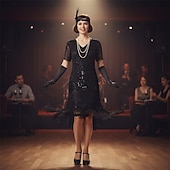 お買い得  1920年代のドレス-セット 20代の轟音 1920年代風 膝丈 フラップワンピース 二次会ドレス / カクテルドレス ファンシーコスチューム アクセサリー付き 半袖 グレートギャツビー フラッパーガール スパンコール タッセル Ｖネック 仮装 女性用 クリスマス 新年 パーティー スピークイージー マスカレード 成人 ドレス グローブ イヤリング