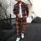 economico Tute basic-Per uomo Abiti di camicia Completi T-shirt Completi camicia e pantaloni Outfit 2 pezzi Manica Corta Bavero Primavera Autunno Plaid Moda Casual 2 Pezzi Bottoni Vacanza Abbigliamento quotidiano Uscire