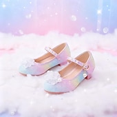 זול נעלי נסיכה לילדים-נעלי מרי ג'יין נוצצות לבנות עם פפיון ופנינים - צבעי הקשת בענן, עקב נוח