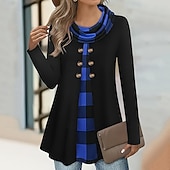 tanie Paski i geometryczne bluzy z kapturem-Damskie Bluzka Guziki Kratka Elegancja Codzienny Elegancki Długi rękaw Wysoki Długie topy Codzienny Święto Wyjściowe Niebieski Biały Czerwony Zielony Khaki Wiosna Jesień