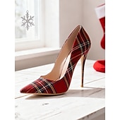 abordables Bombas Clásicas-Tacones altos de aguja a cuadros para mujer, zapatos clásicos de punta puntiaguda a cuadros para fiestas navideñas y conjuntos festivos. &amp;celebraciones de invierno