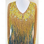 abordables robe de compétition-Women’s Gold and Blue Latin Dance Dress with Crystal Rhinestones and Fringed Details for Salsa, Tango, and Dance Performance