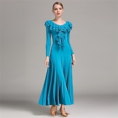 cheap Standard  Ballroom-Elegant Blue Ballroom Dance Dress with Ruffled Neckline and Long Sleeves for Latin and Social Dancing