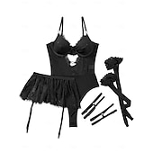 economico Regali-Set Babydoll Lingerie Teddy Bodysuit Collant a Rete con Accessori Donne Lingerie in Rete e Pizzo Elegante Indumento Notturno Adulti Casa Vestire Regalo di San Valentino per Lei