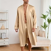 preiswerte Morgenröcke-Herren Schlafanzug Seidenrobe Nachtwäsche Schlafanzug Set Einfach Mode Stilvoll Klassisch Heim Täglich Bett Polyester Komfort Weich V Ausschnitt Langarm Frühling Herbst Champagner Wein