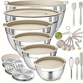 Ensemble de 23 pièces en acier inoxydable épais, comprenant un bol à œufs avec couvercle, un saladier à fond antidérapant en silicone, des ustensiles de pâtisserie, un bol mélangeur et un bassin. abordables Ensemble de Cuisine-Ensemble de 23 pièces en acier inoxydable épais, comprenant un bol à œufs avec couvercle, un saladier à fond antidérapant en silicone, des ustensiles de pâtisserie, un bol mélangeur et un bassin.