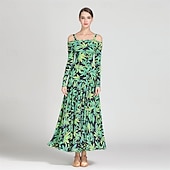 abordables Standard  Ballroom-Animal Print Off-Shoulder Ballroom Dance Dress for Women - Long Sleeve A-Line Gown for Competitions, Latin, and Dance Events