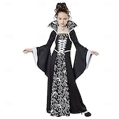 זול תחפושות לבנות-ילדים בנות שמלה גראפי ילדי תחפושת מכשפה שרוול ארוך מפלגה ליל כל הקדושים דפוס בסיסי תחפושות כותנה א-סימטרי שמלה עם כיווץ במותן קיץ אביב סתיו 4-12 שנים לבן יין