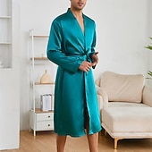 preiswerte Morgenröcke-Herren Schlafanzug Seidenrobe Nachtwäsche Schlafanzug Set Einfach Mode Stilvoll Klassisch Heim Täglich Bett Polyester Komfort Weich V Ausschnitt Langarm Frühling Herbst Champagner Wein