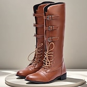 cheap Riding Boots-Brown Faux Leather Men's Lace-Up Boots with Buckle Detail – Trendy and Functional Boots for Fall and Winter Adventures