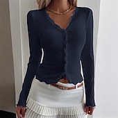 abordables Camiseta lisa-Mujer Blusa Tops elegantes Tops de encaje Tops ajustados Frunce Sayo Ribete de encaje Plano Elegante Vintage damas Manga Larga Escote en Pico Tops regulares Diario Trabajo Festivos Negro Blanco Vino