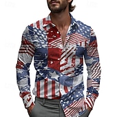 お買い得  愛国的な250枚のシャツ-メンズ アメリカンフラッグ シャツ カジュアルシャツ ビーチシャツ ロングスリーブ カジュアル 快適 バケーション ストリート ハワイアン スプリング フォール ラペル プリント 赤 青