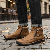 baratos Ténis para Homem-botins casuais masculinos de couro marrom com zíper e design costurado à mão - confortáveis e leves para uso diário e ao ar livre