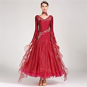 Недорогие Стандартный бальный зал-женское платье для бальных танцев, розовое, с цветочным принтом и стразами, многослойное, элегантное, для выступлений в стиле вальс-фокстрот